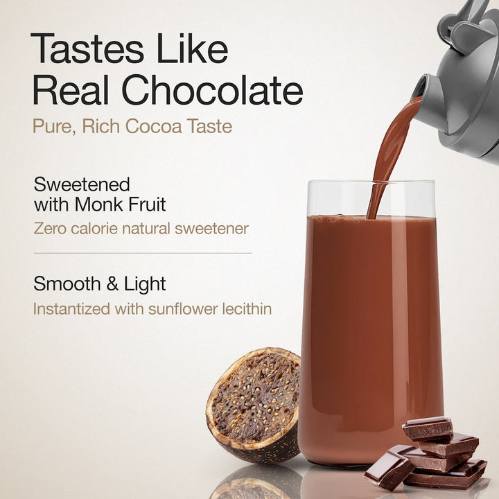 A glass with dark chocolate whey protein with zero monk fruit